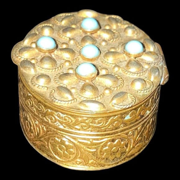 Antique Gold-Tone Brass Trinket Box With Turquoise Accents & Floral Design - Picture 5 of 9